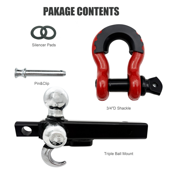 Seguler Tri-Ball Trailer Hitch for 2" Receiver 1-7/8", 2", 2-5/16" Balls Swivel Shackle w/ Lock Pin