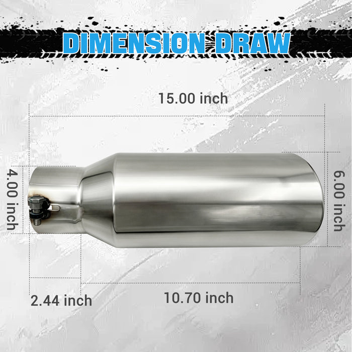 Seguler Diesel Exhaust Tip 4" Inlet 6" Outlet 15" Long Stainless Steel Bolt On