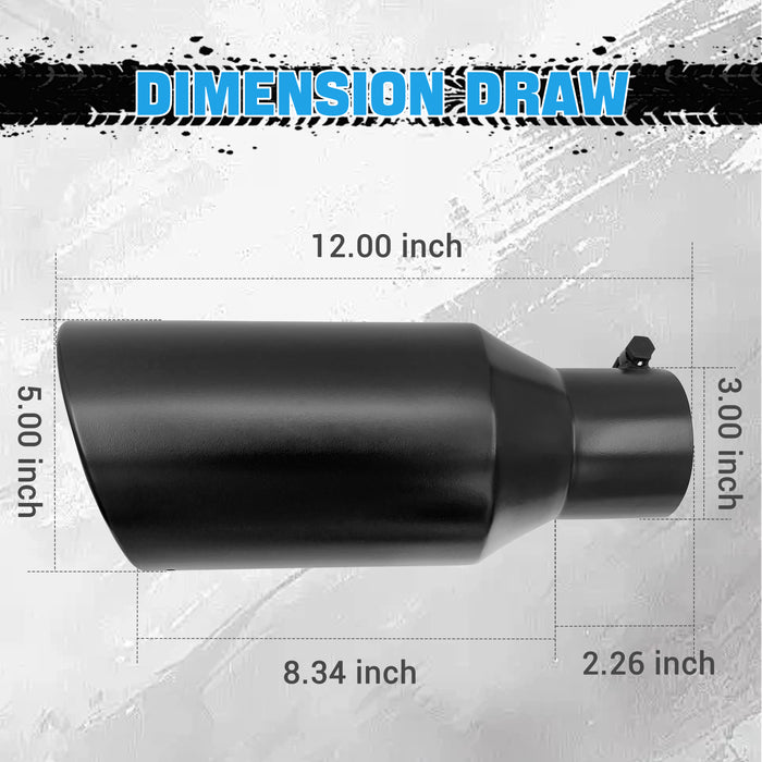 Seguler Diesel Exhaust Tip 3" Inlet 5" Outlet 12" Long Black Stainless Steel Bolt On