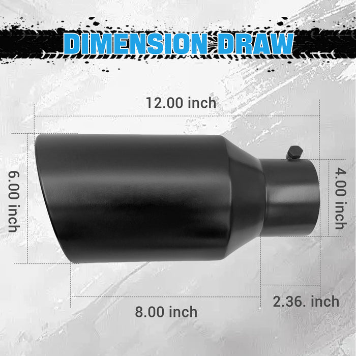 Seguler Diesel Exhaust Tip 4" Inlet 6" Outlet 12" Long Black Stainless Steel Bolt On