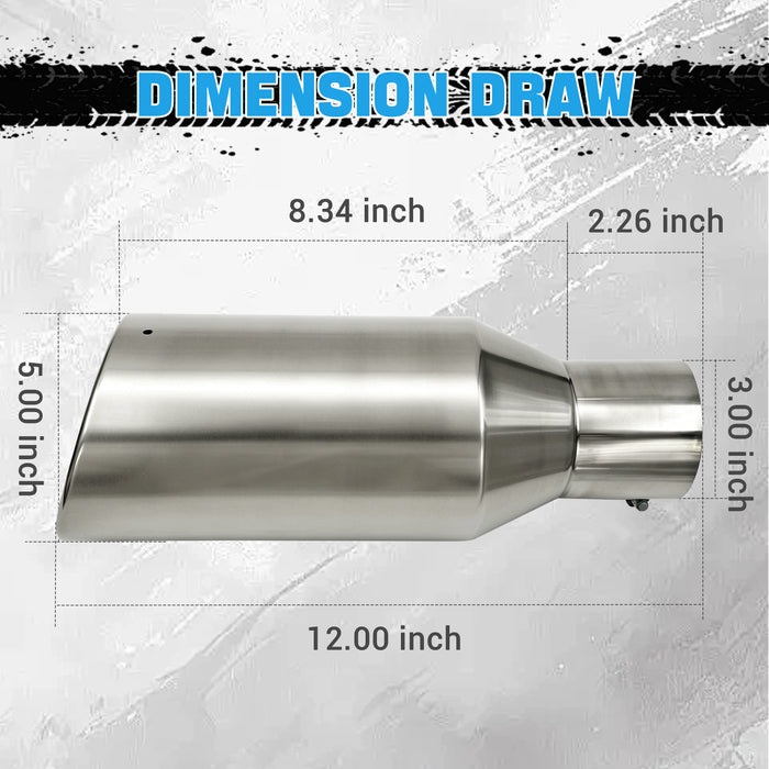 Seguler Diesel Exhaust Tip 3" Inlet 5" Outlet 12" Long Stainless Steel Bolt On