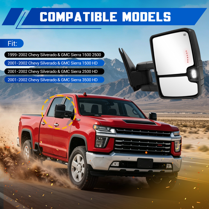 Seguler Power Heated LED Signal Towing Mirrors Pair for 1999-2002 Silverado/Sierra 1500 2500 & 2001-2002 1500HD 2500HD 3500HD