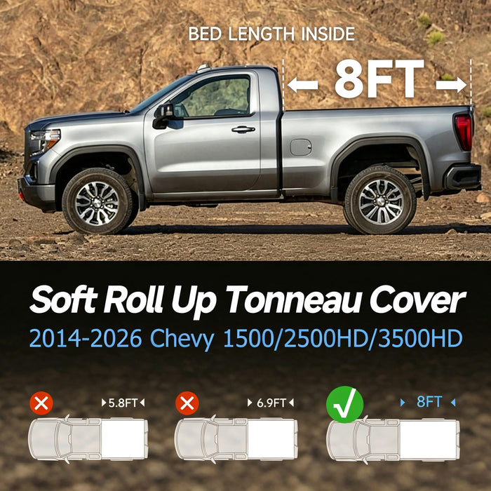Seguler 8FT Soft Roll Up Tonneau Cover Bed for 2014-2026 Chevy Silverado Sierra