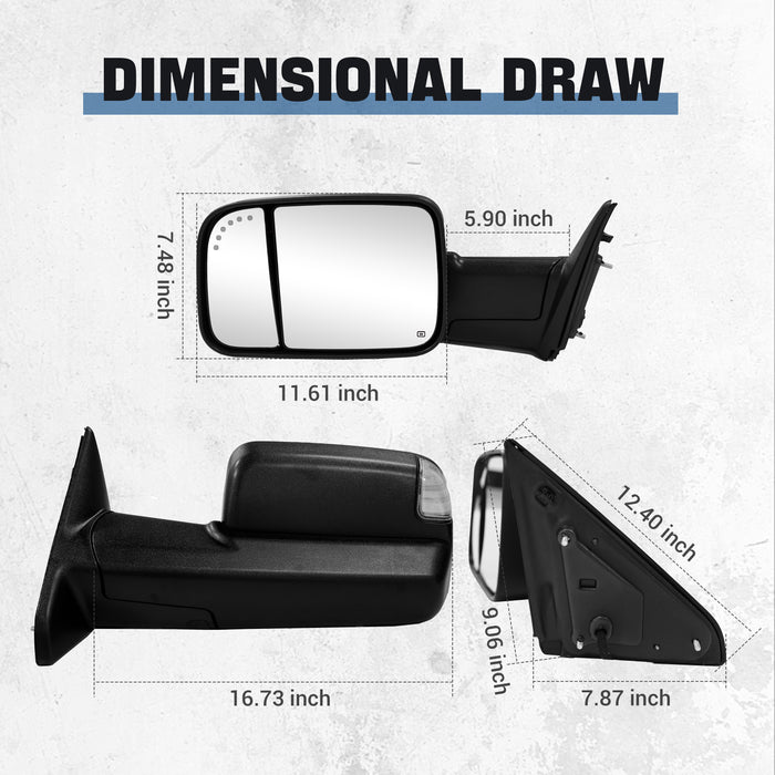 Seguler Power Heated LED Towing Mirrors Pair with Temp Sensor for 2009-2018 Dodge Ram 1500 & 2010-2018 2500 3500