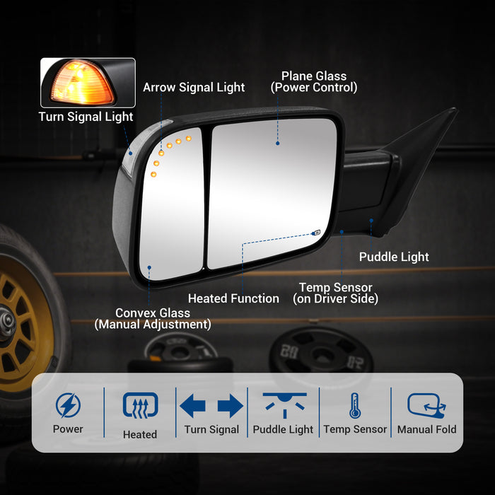 Seguler Power Heated LED Towing Mirrors Pair with Temp Sensor for 2009-2018 Dodge Ram 1500 & 2010-2018 2500 3500