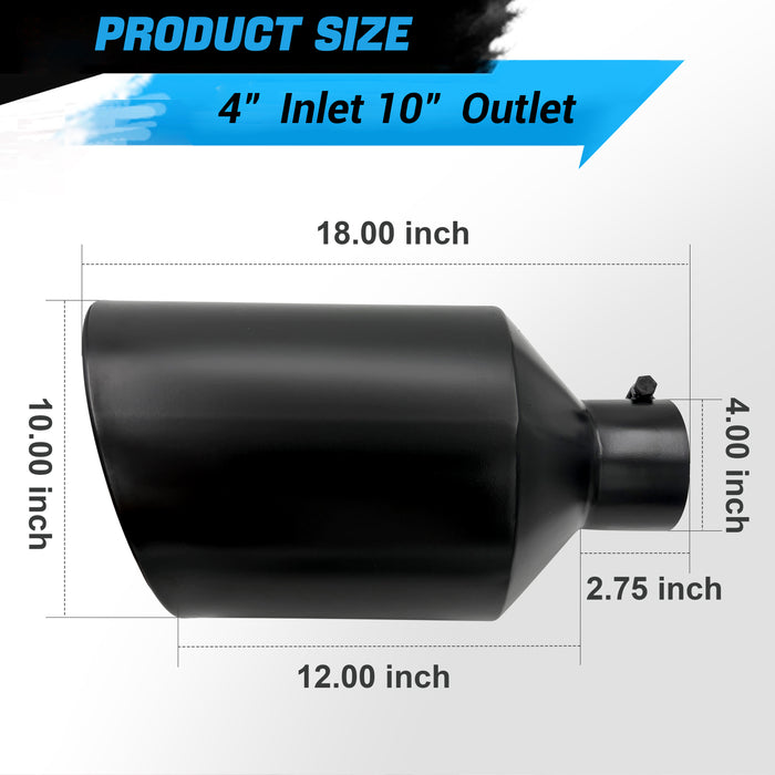 Seguler Diesel Exhaust Tip 4" Inlet 10" Outlet 18" Long Black Stainless Steel Bolt On