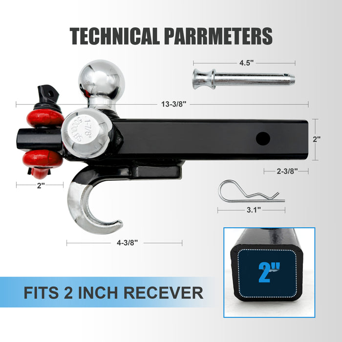Seguler Tri-Ball Trailer Hitch for 2" Receiver 1-7/8", 2", 2-5/16" Balls Swivel Shackle w/ Lock Pin