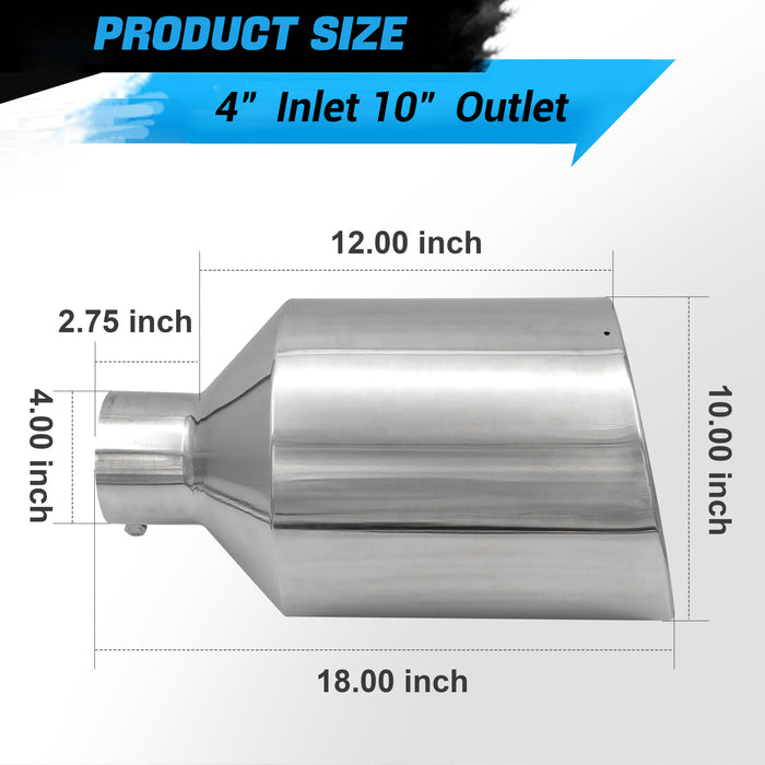 Seguler Diesel Exhaust Tip 4" Inlet 10" Outlet 18" Long Stainless Steel Bolt On
