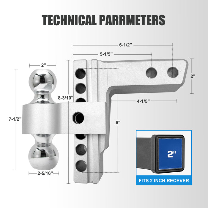 Seguler Adjustable Trailer Hitch Mount 2" Receiver 6" Drop or Rise 12,000 lbs GTW Double Locking Pins