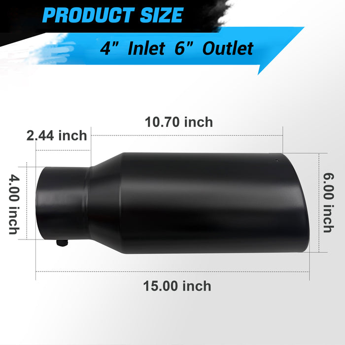 Seguler Diesel Exhaust Tip 4" Inlet 6" Outlet 15" Long Black Stainless Steel Bolt On