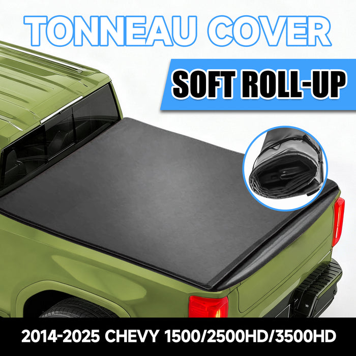 Seguler 8FT Soft Roll Up Tonneau Cover Bed for 2014-2025 Chevy Silverado Sierra