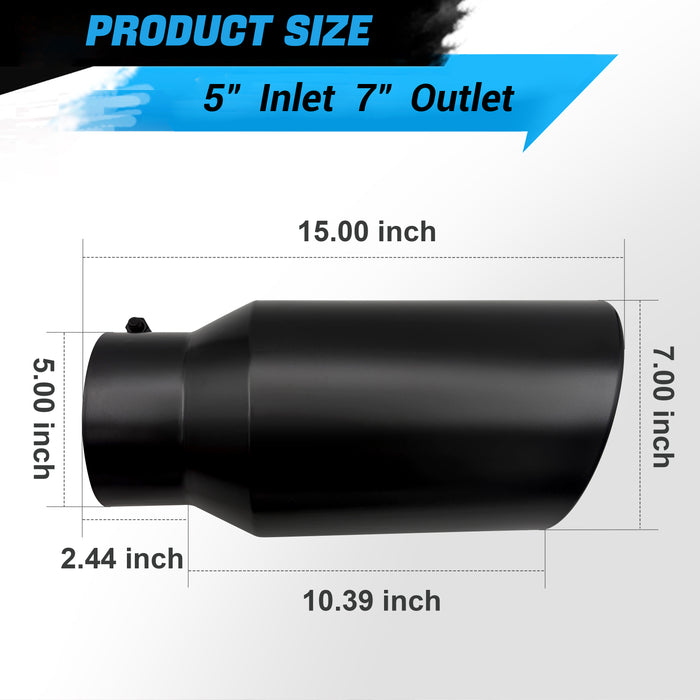 Seguler Diesel Exhaust Tip 5" Inlet 7" Outlet 15" Long Black Stainless Steel Bolt On