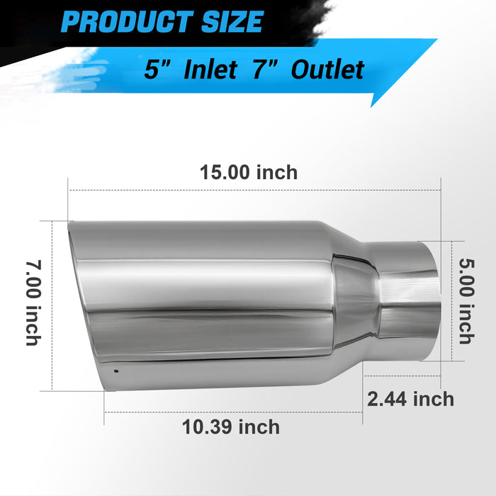Seguler Diesel Exhaust Tip 5" Inlet 7" Outlet 15" Long Stainless Steel Bolt On