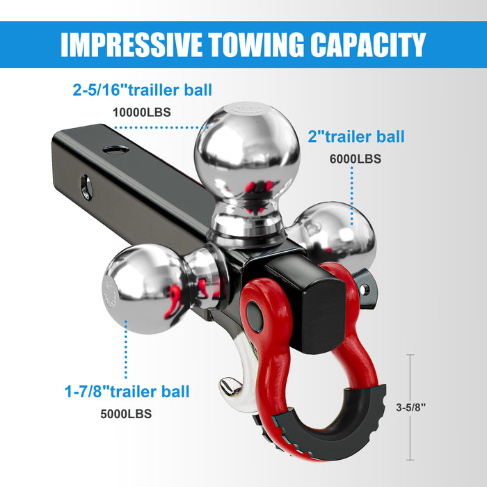 Seguler Tri-Ball Trailer Hitch for 2" Receiver 1-7/8", 2", 2-5/16" Balls Swivel Shackle w/ Lock Pin