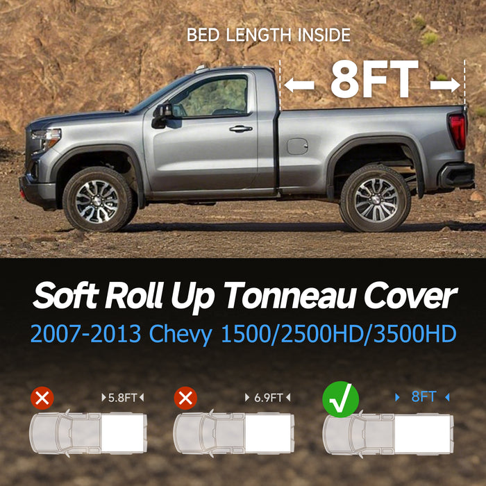 Seguler 8FT Soft Roll Up Tonneau Cover Bed for 2007-2013 Chevy Silverado Sierra