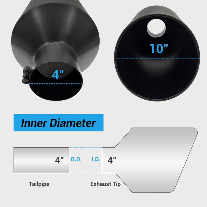 Seguler Diesel Exhaust Tip 4" Inlet 10" Outlet 18" Long Black Stainless Steel Bolt On