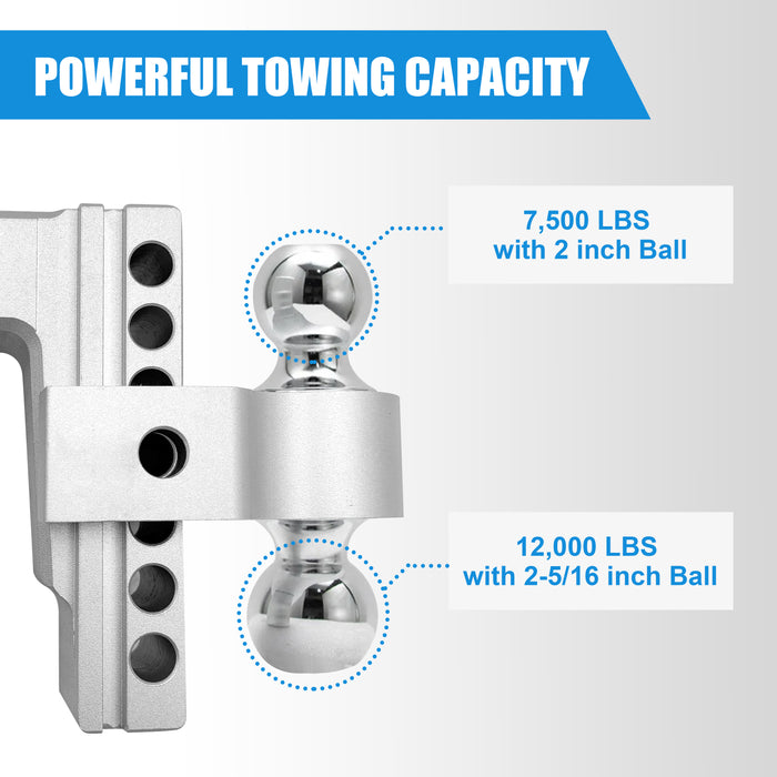 Seguler Adjustable Trailer Hitch Mount 2" Receiver 6" Drop or Rise 12,000 lbs GTW Double Locking Pins