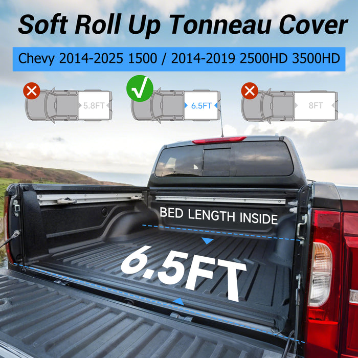 Seguler 6.5FT Soft Roll Up Tonneau Cover Bed for 2014-2018 Chevy Silverado Sierra