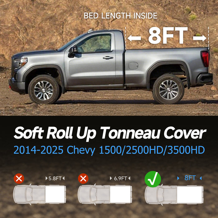 Seguler 8FT Soft Roll Up Tonneau Cover Bed for 2014-2025 Chevy Silverado Sierra