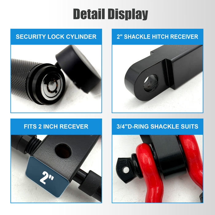 Seguler Heavy Duty Off-Road Recovery Shackle Hitch for 2" Receiver 3/4" D-Ring with 5/8" Lock Pin 38,500 lbs Break Strength
