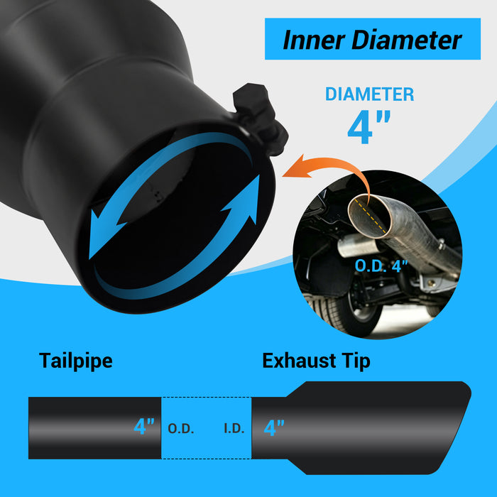 Seguler Diesel Exhaust Tip 4" Inlet 6" Outlet 15" Long Black Stainless Steel Bolt On