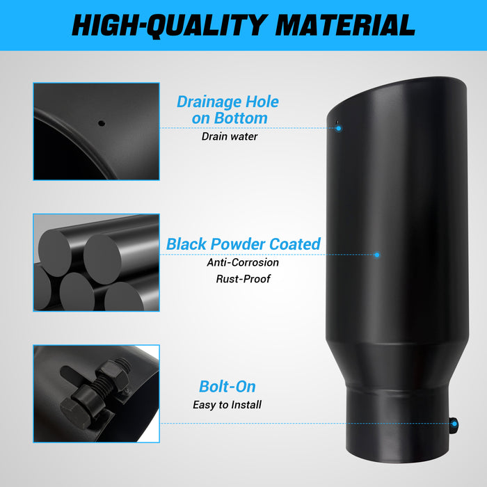Seguler Diesel Exhaust Tip 4" Inlet 6" Outlet 15" Long Black Stainless Steel Bolt On