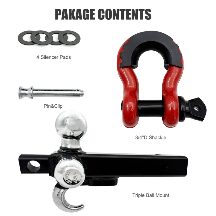 Seguler Tri-Ball Trailer Hitch for 2" Receiver 1-7/8", 2", 2-5/16" Balls Swivel Shackle w/ Lock Pin